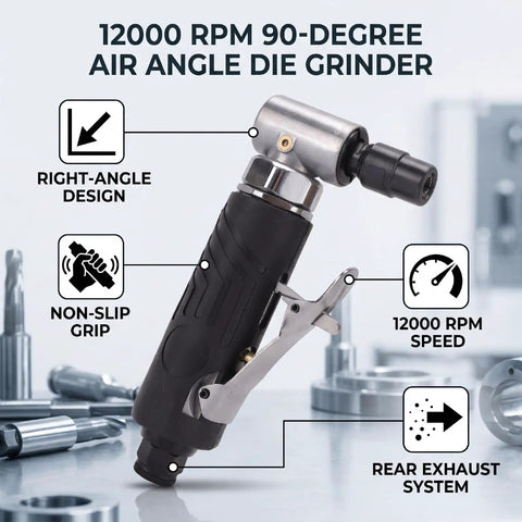 Compact 90 Degree Right Angle Pneumatic Air Die Grinder Hit 12000 RPM features a textured non-slip grip and right-angle design.