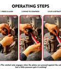 Mumicol brake caliper compression tool in use on a car brake assembly; red lever and steel plates.