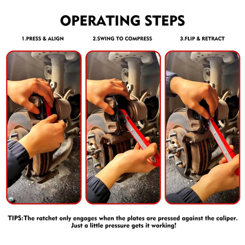 Mumicol brake caliper compression tool in use on a car brake assembly; red lever and steel plates.