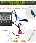 Universal 6V And 12V Game Feeder Digital Timer with display and wiring, showing flat plug connector and fuse tube.