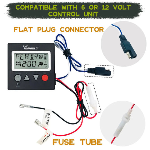 Universal 6V And 12V Game Feeder Digital Timer with display and wiring, showing flat plug connector and fuse tube.