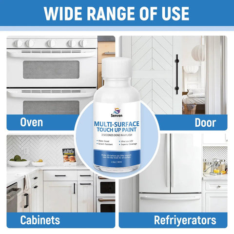 White Acrylic Touch Up Paint Pen Brings Slick High Gloss Shine For Knocking Out Scratches On Cabinets Wood Walls Doors Metal Appliances And Furniture Smooth As Butter in kitchen setting with oven, cabinets, and refrigerator.