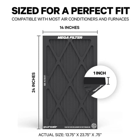 Image showing MegaFilter 14x24x1 Air Filter MERV 13 Activated Carbon Tech Defense Heavy Duty with sizing details, 14x24 inches.