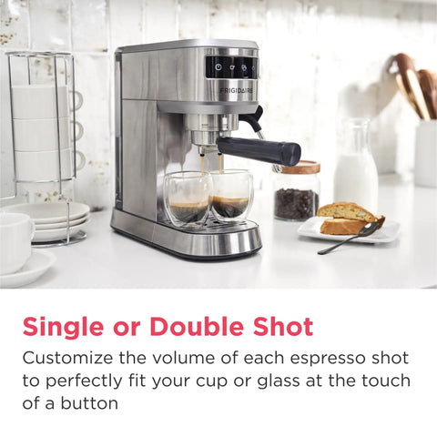 Straight Up Solid Steam Espresso Maker And Coffee Brewer With Handy Milk Frother and Cup Warmer, stainless steel brewer making espresso shots.