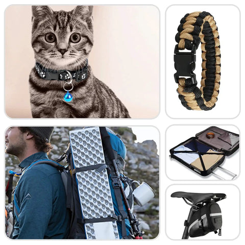 Collage featuring 100 Pack Three Eighths Inch Curved Contoured Plastic Quick Side Release Buckles For Paracord Bracelets Dog Collars Masks And DIY Straps Durable POM Buckle Clips used in various applications.