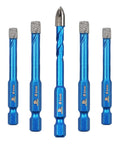 Five blue 1/4-inch diamond masonry drill bits with hex shanks, 5-piece set for tile and stone