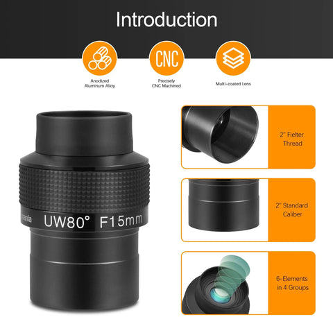 Two Inch 15mm Ultra Wide 80 Degree Eyepiece With Fully Multi Coated Optics For Astronomy And Stargazing showing features