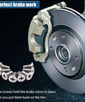 8 Pack Tough As Nails Stainless Steel Brake Disc Rotor Screws For Front And Rear Calipers, shown with brake rotor and caliper.