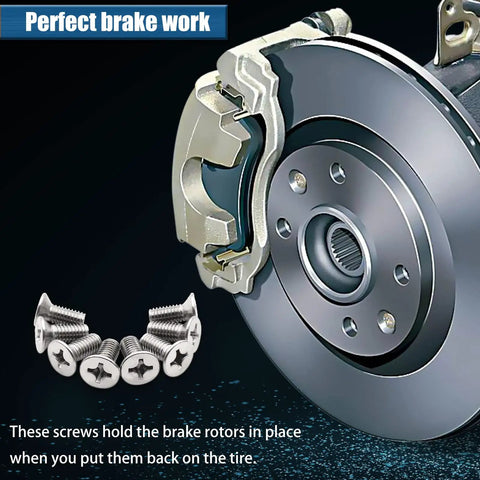 8 Pack Tough As Nails Stainless Steel Brake Disc Rotor Screws For Front And Rear Calipers, shown with brake rotor and caliper.