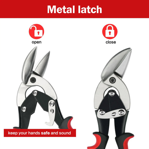 2 Piece Left And Right Offset Tin Cutting Shears With Comfort Grip And Safety Lock, showing open and closed latch positions