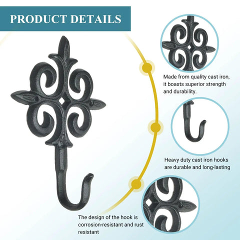 Rock Solid Cast Iron Wall Hook Knockout Vintage Charm for Entryway and Master Bedroom, featuring detailed design in matte black finish.