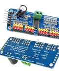 Front and back view of 16 Channel 12 Bit PWM Servo Motor Driver Board With I2C Interface for Arduino and Raspberry Pi