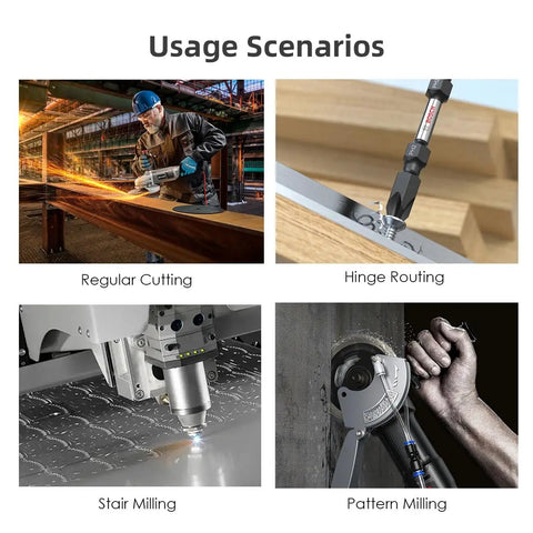 Pro Tier Brass Router Template Bushing Guide Set With Bulletproof Lock Nut Adapter And Portable Carry Case shown in usage scenarios including hinge routing and regular cutting.