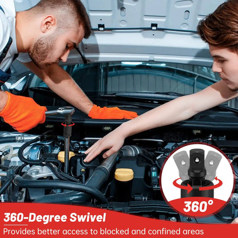 Mechanics using 11 Piece Impact Socket Adapter And Reducer Set With Universal Joint Wobble Drive on car engine