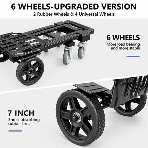 3 In 1 Convertible Dolly Cart With Wheels, Brakes, 600 Lb Heavy Duty Hand Truck Dolly showing 6 wheel design
