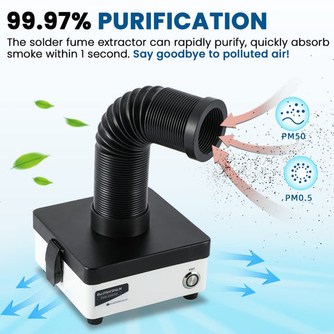 Desktop Mini Solder Fume Extractor With 3 Stage Filters showing purification process and black telescopic tube on workbench.