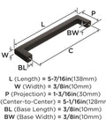 Diagram of an Oil Rubbed Bronze Cabinet Pull Monument Collection 5-1/16 Inch Center-To-Center, 5-7/16 Inch Overall Length with measurements.