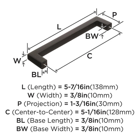 Diagram of an Oil Rubbed Bronze Cabinet Pull Monument Collection 5-1/16 Inch Center-To-Center, 5-7/16 Inch Overall Length with measurements.