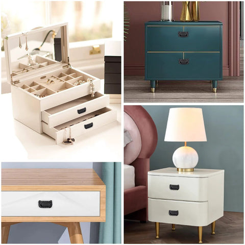 Collage of furniture with four pack modern hidden recessed door pull handles in black zinc alloy for cabinets, cupboards, drawers