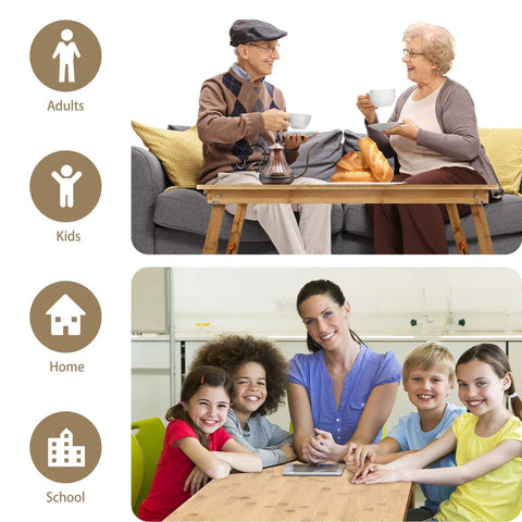 Adults using Big Floor Desk Tray With Folding Legs, Adjustable Low Coffee Table For Breakfast, Living Room usage example