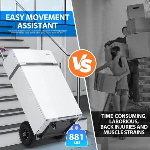Motorized Electric Stair Climbing Dolly With 1200 Watt Power And 880 Pound Load Capacity moving a refrigerator up stairs effortlessly.