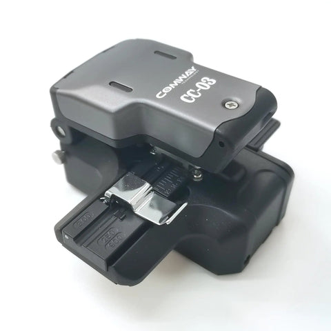 One Step Fully Automatic Fiber Cutter And Fusion Splicer, Pro Grade Fiber Cleaver, side view showing compact design and details.