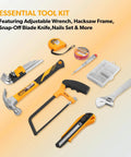119 Piece Home Tool Set With Plastic Storage Toolbox For All Purpose Household Repairs And DIY Projects Includes Pliers, Hammer, Screwdrivers, Sockets, Hex Keys, Hacksaw, Voltage Tester, And More displayed on orange background.