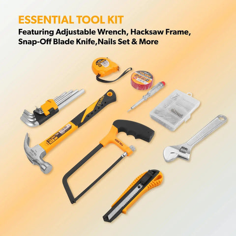 119 Piece Home Tool Set With Plastic Storage Toolbox For All Purpose Household Repairs And DIY Projects Includes Pliers, Hammer, Screwdrivers, Sockets, Hex Keys, Hacksaw, Voltage Tester, And More displayed on orange background.