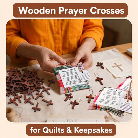 Hella Sturdy Wooden Cross Charms Bulk Pack Of Sixty Pocket Size Beads With Pre Drilled Hole For DIY Necklace Projects And Religious Craft Supplies Top Shelf Quality, displayed with patchwork for prayer quilts.