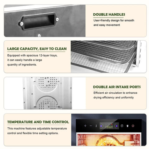 Hella Effective Electric Food Dehydrator With 12 Stainless Steel Trays And 24 Hour Timer, showing double handles and air intake ports.