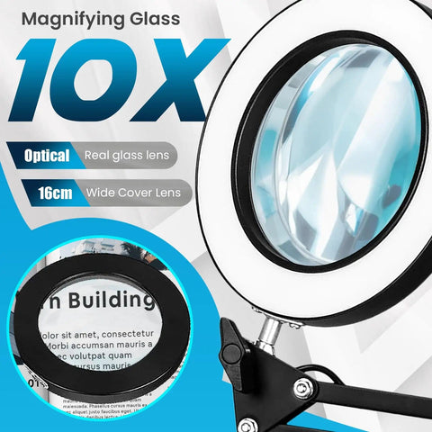 10X Magnifying Glass With LED Light, Adjustable Stand And Clamp Desk Lamp showcasing glass lens and flexible arm