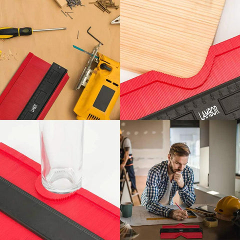 Wide Contour Gauge 5 Inch And 10 Inch With Retractable Measuring Tape 3 Piece Plastic Copy Tool For Odd Shapes And Corners DIY Woodworking Tiles Templates for home projects and remodels showing use in workshop and template making process