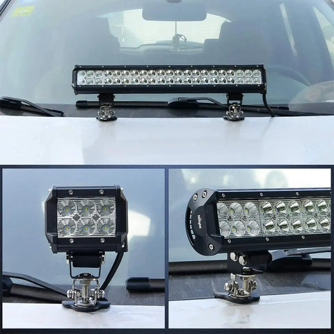 Universal Car LED Light Bar Mounting Bracket Kit For SUV RV Truck No Drill Hood Clamp Mounts shown on vehicle hood