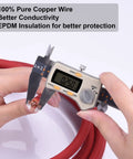 Measuring caliper on red 4 Gauge Battery Cable Kit 30 Feet Total Red And Black Pure Copper OFC Wire Welding Cable