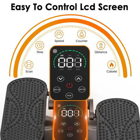Under Desk Elliptical Machine No Fuss Quiet Motor Seated Pedal Exerciser LCD display with control buttons and indicators.