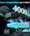 21V Cordless Electric Scissors With 4000mAh Battery And High Speed Cutting Performance showing fast charging battery graphic.