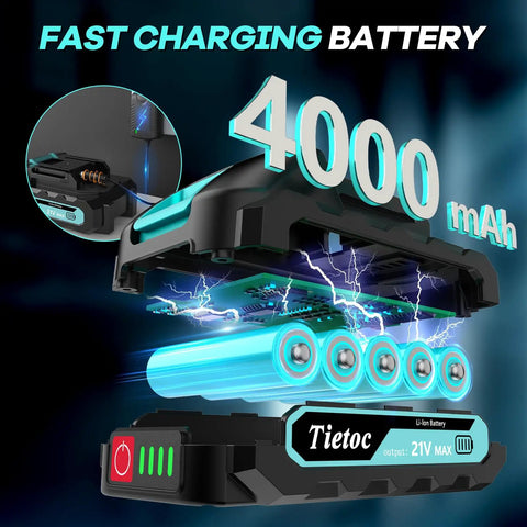 21V Cordless Electric Scissors With 4000mAh Battery And High Speed Cutting Performance showing fast charging battery graphic.
