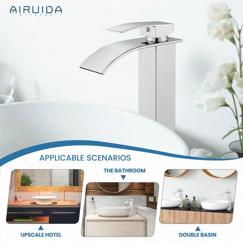 Vessel Sink Faucet Tall Waterfall Bathroom Faucet With Single Handle One Hole Mount Rectangular Spout Chrome Finish
