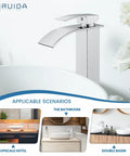 Tall Vessel Sink Faucet With Waterfall Flow Style Single Hole Install One Handle Mixer Tap Chrome Finish, sleek design beside sink