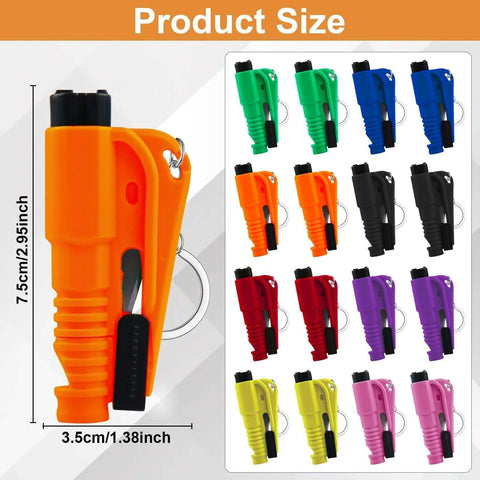 JINRUITOP 16-pack car emergency keychains; 7.5 cm long, 3-in-1 glass breaker/seat belt cutter/whistle; assorted colors