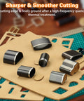 Close-up of 56 Piece Leather Hole Punch Set With Storage Case And Mat Includes Multiple Shapes For Belts Hollow Punch Cutter Tool For Handmade Diy Crafts Durable High Speed Steel Forging For Sharp Clean Cuts on wooden table