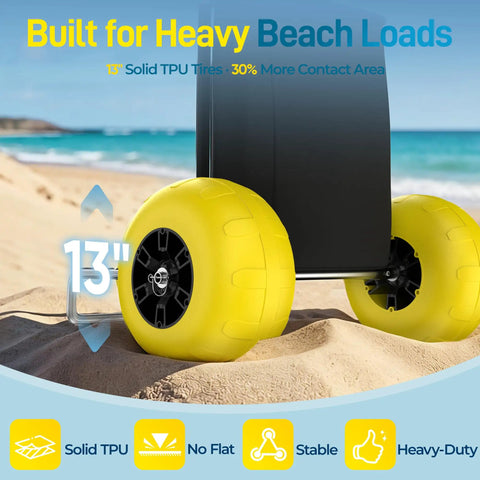 Heavy Duty Beach Wagon With 13 Inch Solid TPU Wheels, 352 Lb Capacity, Foldable Aluminum Wagon Dolly in sand