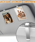 Stainless Steel Car Sun Visor Photo Frames Clips Set For DIY Sunshade Photo Holder showing 2 attached frames on visor