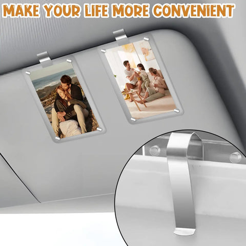 Stainless Steel Car Sun Visor Photo Frames Clips Set For DIY Sunshade Photo Holder showing 2 attached frames on visor