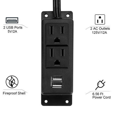 Mountable Power Strip With USB Ports And 2 AC Outlets, 6.56Ft Extension Cord, Ideal For Under Desk, Nightstand, Dresser Or Workbench
