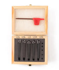 Front view of Oudtinx 5-piece 1/4 in indexable carbide turning tools set in a wooden box with AL/BL/E/BR/AR labels