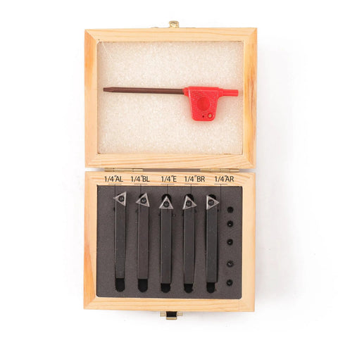 Front view of Oudtinx 5-piece 1/4 in indexable carbide turning tools set in a wooden box with AL/BL/E/BR/AR labels
