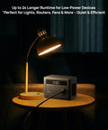 Portable Power Station With 700W Surge, 288Wh LiFePO4 Battery Backup powering a lamp on a table in a dim room