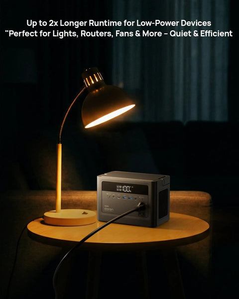 Portable Power Station With 700W Surge, 288Wh LiFePO4 Battery Backup powering a lamp on a table in a dim room