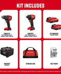 Compact Brushless Cordless Drill And Impact Driver Combo Kit Featuring Dual Amp Batteries And Rapid Charger includes drill, impact driver, batteries, charger, storage bag.